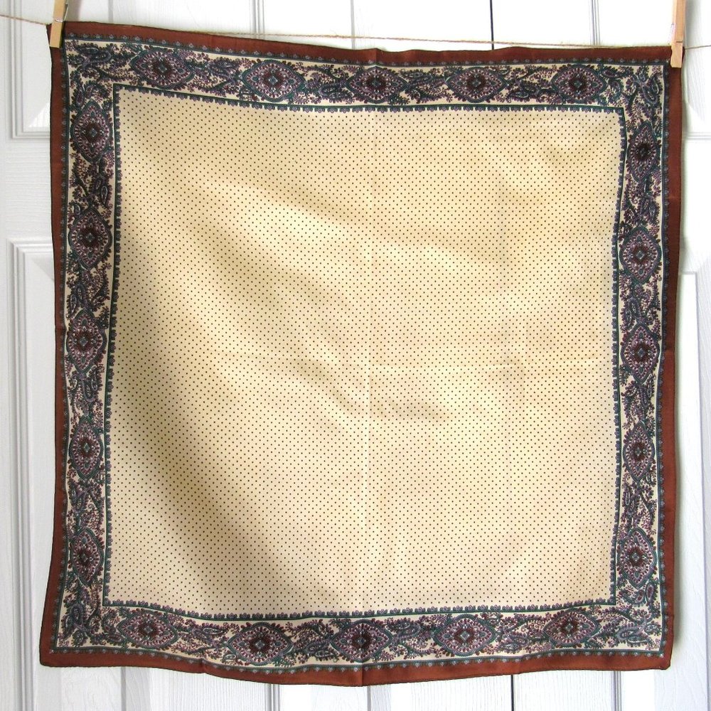 Brown and Green Polka Dot Vintage SCARF Made in Japan 100% Acetate Elegant Prep
